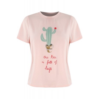 Pink Cactus Letters Round Neck Short Sleeve Casual T Shirt