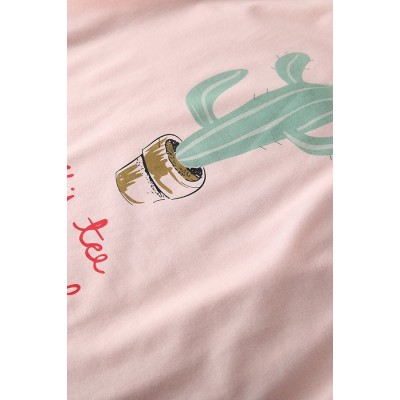 Pink Cactus Letters Round Neck Short Sleeve Casual T Shirt