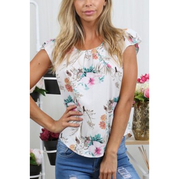 Floral Cap Sleeve Knotted Casual T Shirt