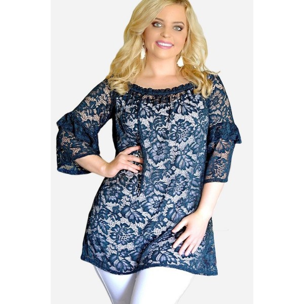 Dark-Floral Lace Round Neck Casual Oversize Blouse