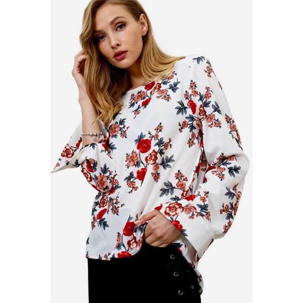 Floral Back Zipper Long Sleeve Casual Blouse