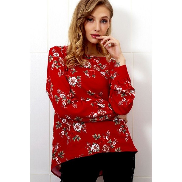 Dark-red Floral Back Zipper Long Sleeve Casual Blouse