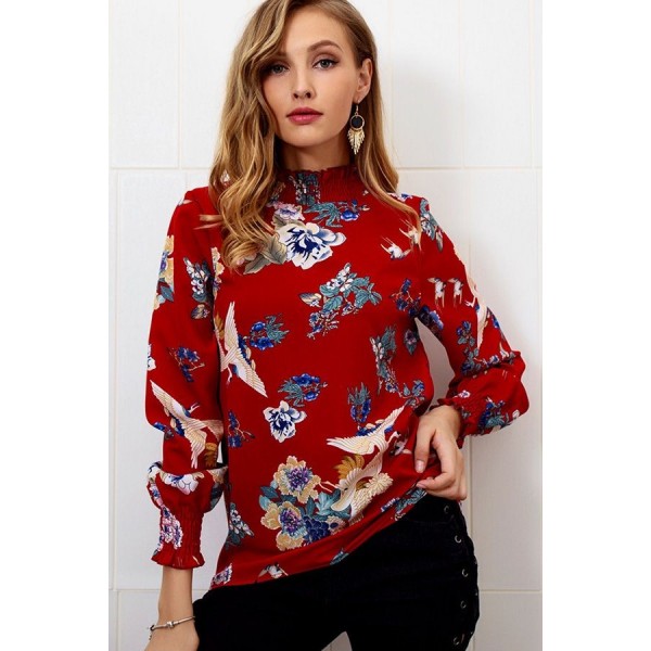 Dark-red Floral Mock Neck Long Sleeve Casual Blouse