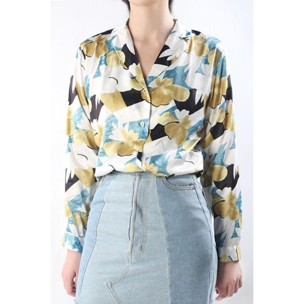 Floral Button Up Notched Collar Long Sleeve Casual Shirt