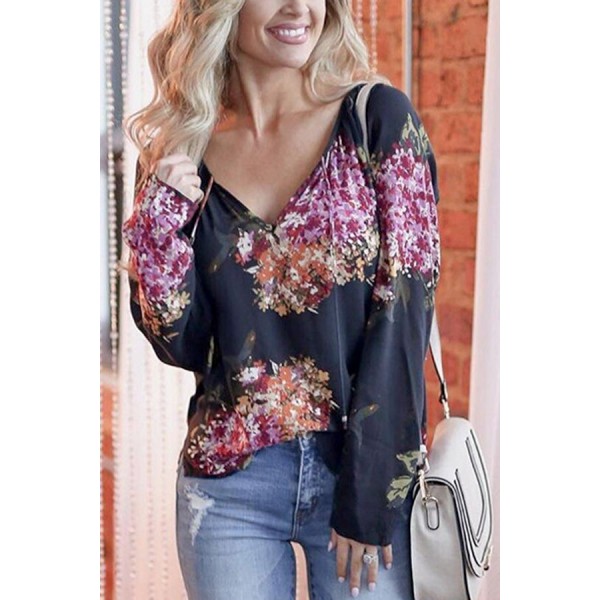 Dark-Floral Tied V Neck Casual Blouse