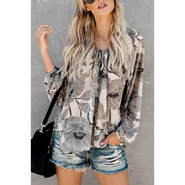 Apricot Floral Leaf Tied V Neck Casual Blouse