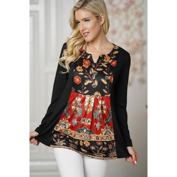 Black Floral Printed Long Sleeve Casual Blouse