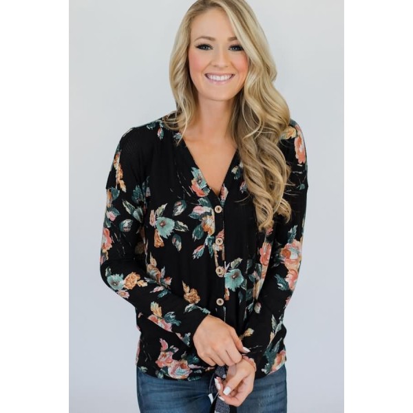 Black Floral V Neck Button Up Tied Casual Top