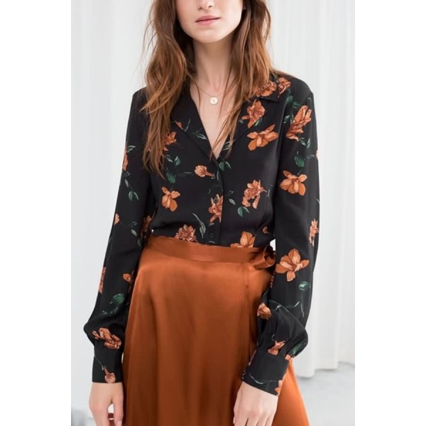 Black Floral Notched Collar Button Up Long Sleeve Dressy Blouse