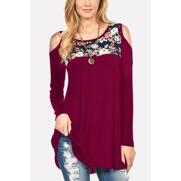 Dark-red Floral Cold Shoulder Long Sleeve Casual T Shirt