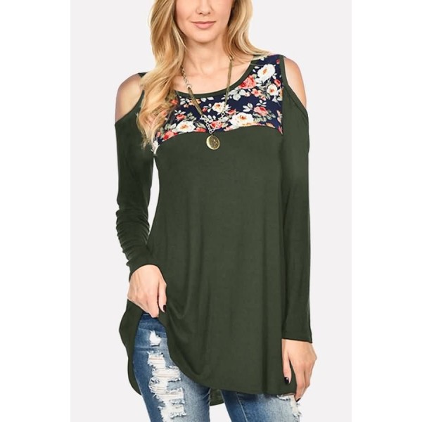 Army-green Floral Cold Shoulder Long Sleeve Casual T Shirt