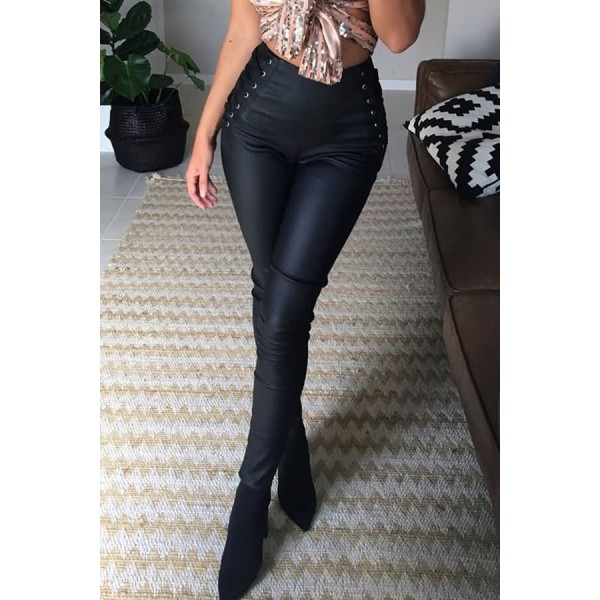 Black Faux Leather Lace Up High Waist Sexy Leggings