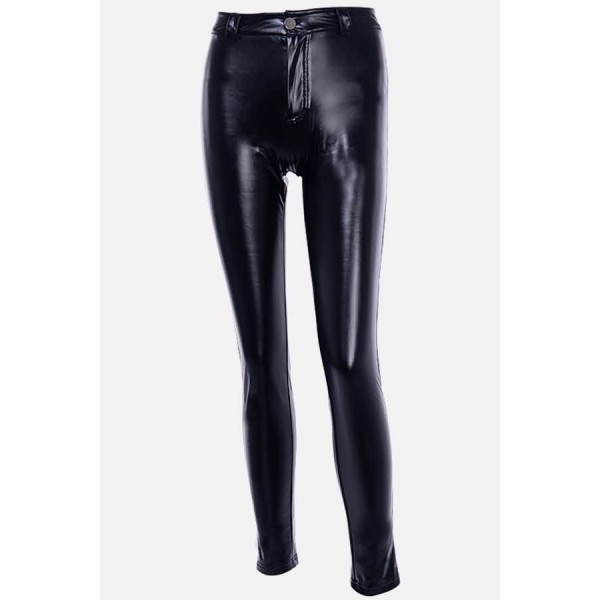 Black Faux Leather Button High Waist Sexy Leggings
