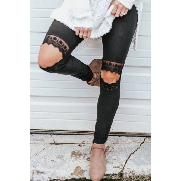 Black Lace Decor Cutout Knee Skinny Casual Leggings