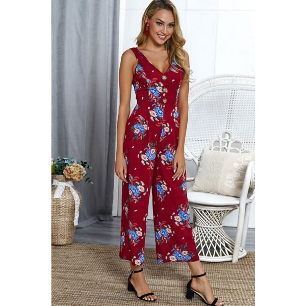 Dark-red Floral V Neck Sleeveless Back Cut Out Sexy Jumpsuit
