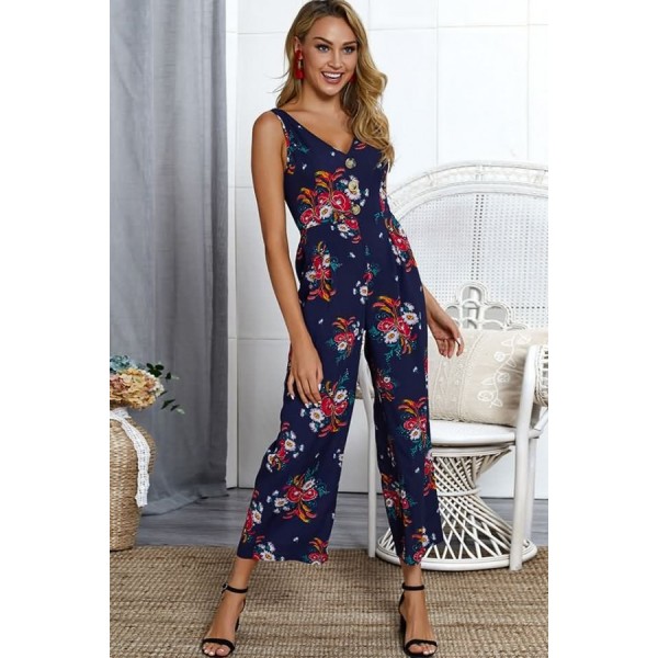 Dark-Floral V Neck Sleeveless Back Cut Out Sexy Jumpsuit
