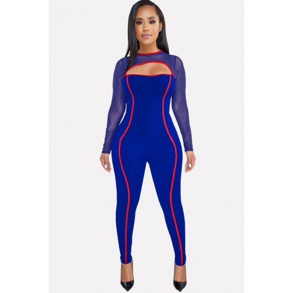 Contrast Mesh Long Sleeve Cutout Sexy Jumpsuit