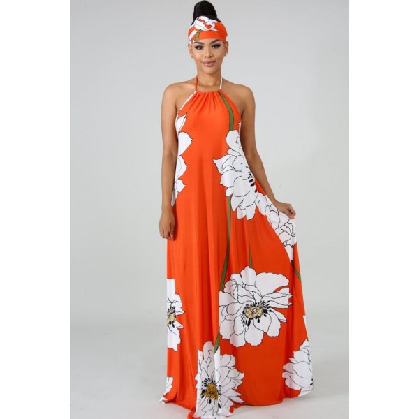 Coral Floral Halter Backless Casual Maxi Dress