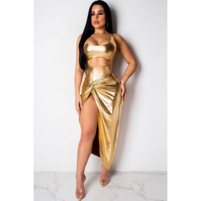 Gold Metallic Sleeveless Twisted Cutout Slit Sexy Dress