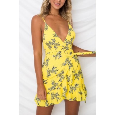 Yellow Floral Spaghetti Straps Ruffles Sexy Overlap Dress